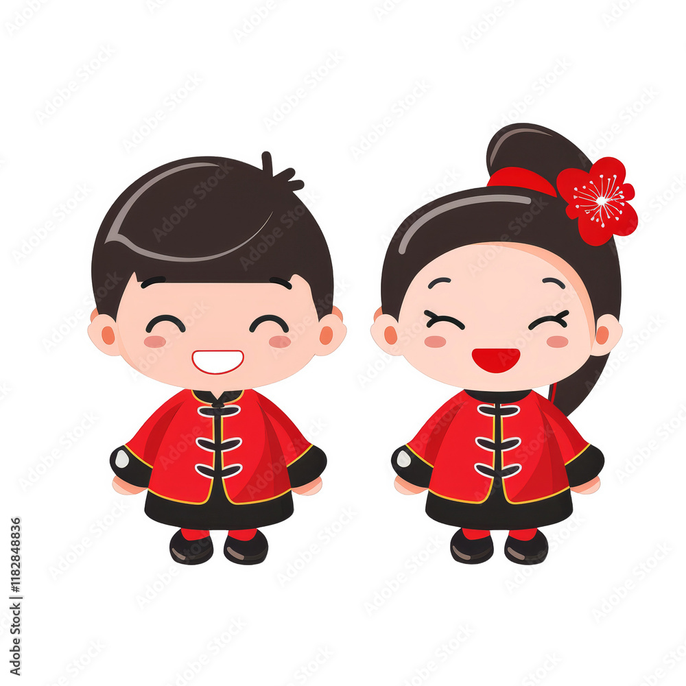Naklejka premium A happy cartoon boy and girl in traditional Chinese clothing.