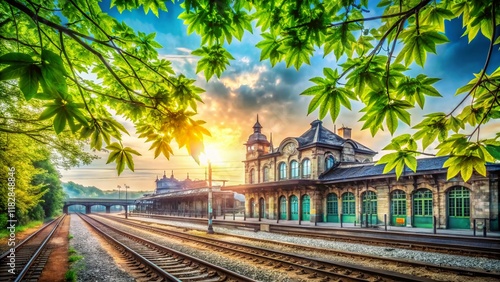 Ethereal Double Exposure: Zuazo Railway Station, Majestic Architecture & Lush Greenery photo