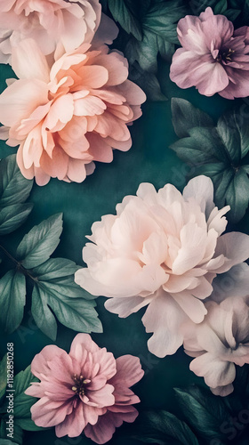 Pink and White Peonies Bloom Beautifully Against a Dark Green Background, Nature's artistry on display