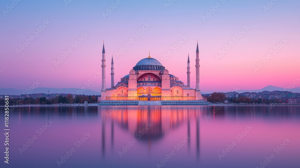 Fototapeta premium Monument cultural and iconic, A stunning mosque reflected in tranquil waters at twilight, showcasing vibrant colors and intricate architecture against a serene sky.