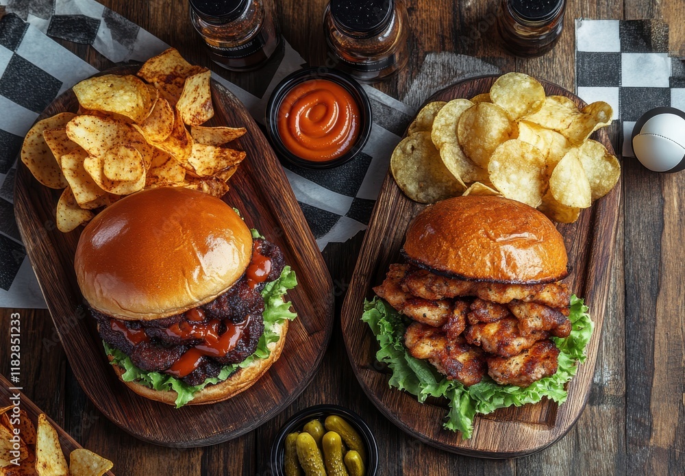 Gourmet burger platter with crispy chips featuring juicy beef patty, grilled chicken wings, fresh lettuce, tangy sauces, and vibrant condiments on wooden boards Gourmet burger platter with crispy chips featuring juicy beef patty, grilled chicken wings, fresh lettuce, tangy sauces, and vibrant condiments on wooden boards