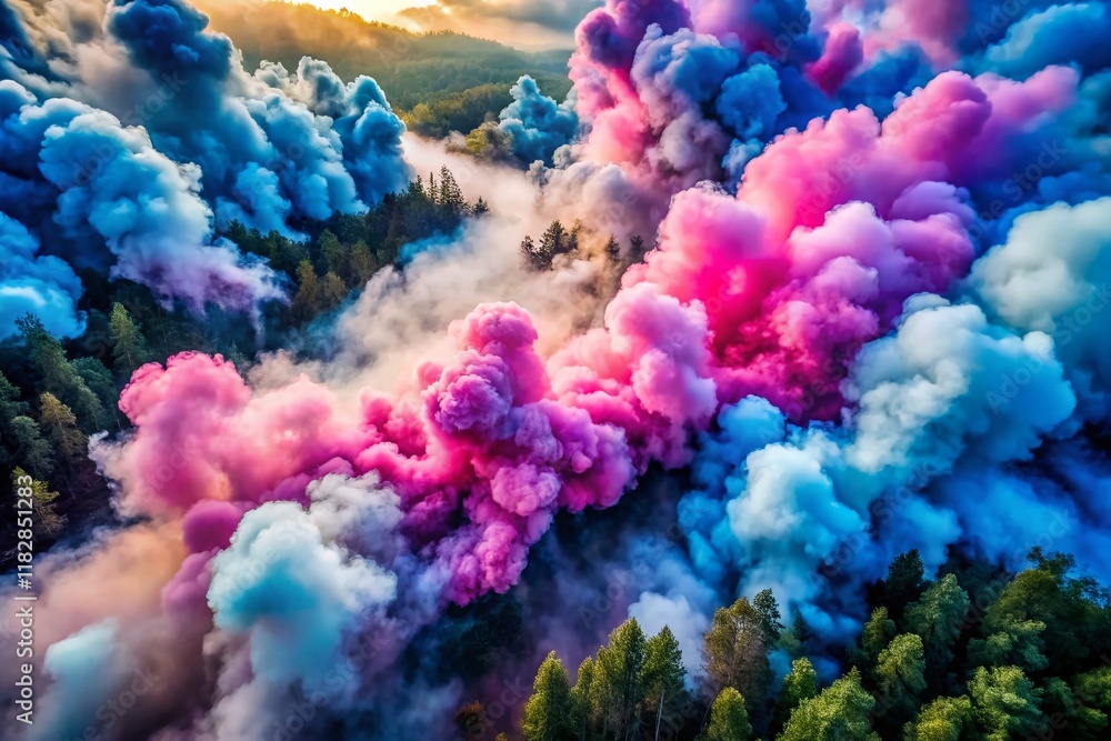 Obraz premium Ethereal Pink & Blue Smoke Plumes Rising from Misty Base - Drone Aerial View