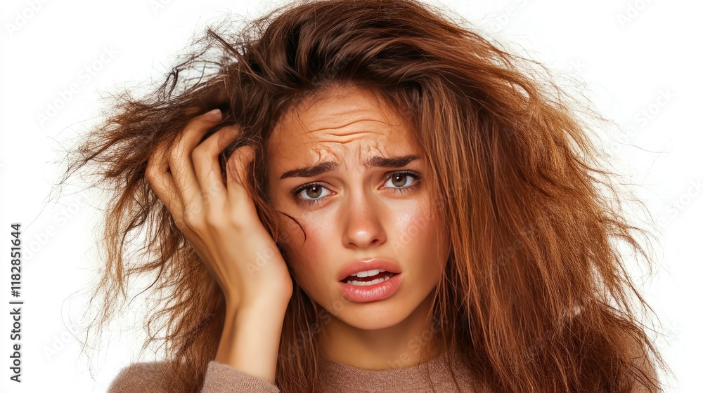 Beauty concept closeup of a woman showing damaged, brittle hair in her hand, isolated on white, highlighting split ends and dryness. Beauty concept closeup of a woman showing damaged, brittle hair in her hand, isolated on white, highlighting split ends and dryness.