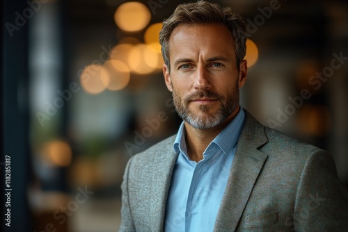 portrait of confident senior businessman consultant smiling in modern office environment photo