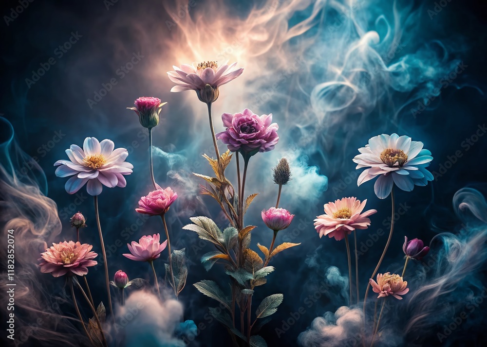 Ethereal Smoke Flowers: Dark Background Abstract Art Stock Photo