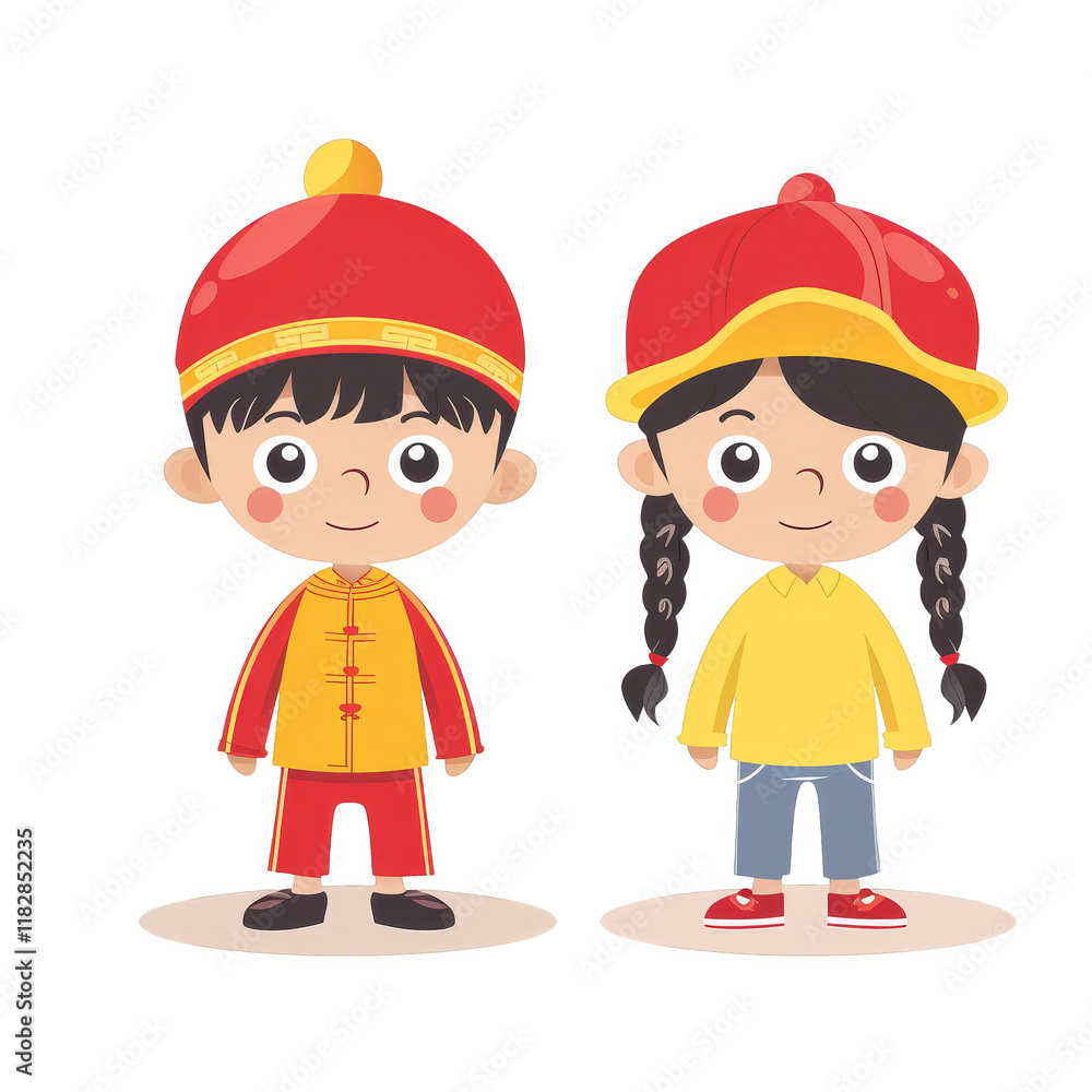 Two children in traditional Chinese clothing smiling and standing together. Two children in traditional Chinese clothing smiling and standing together.