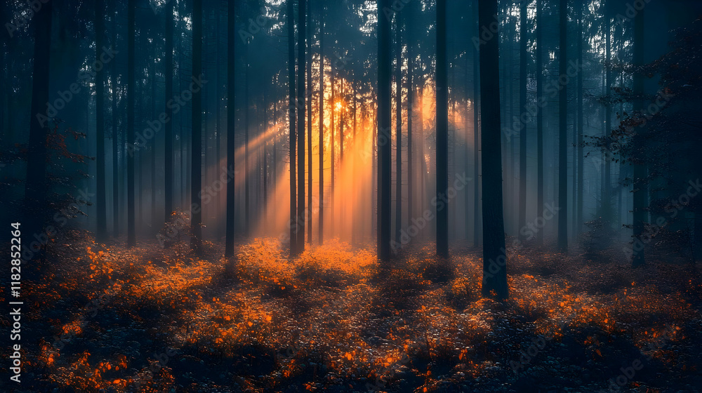 Obraz premium Sunbeams illuminate a misty forest floor through dark trees at dawn magically.