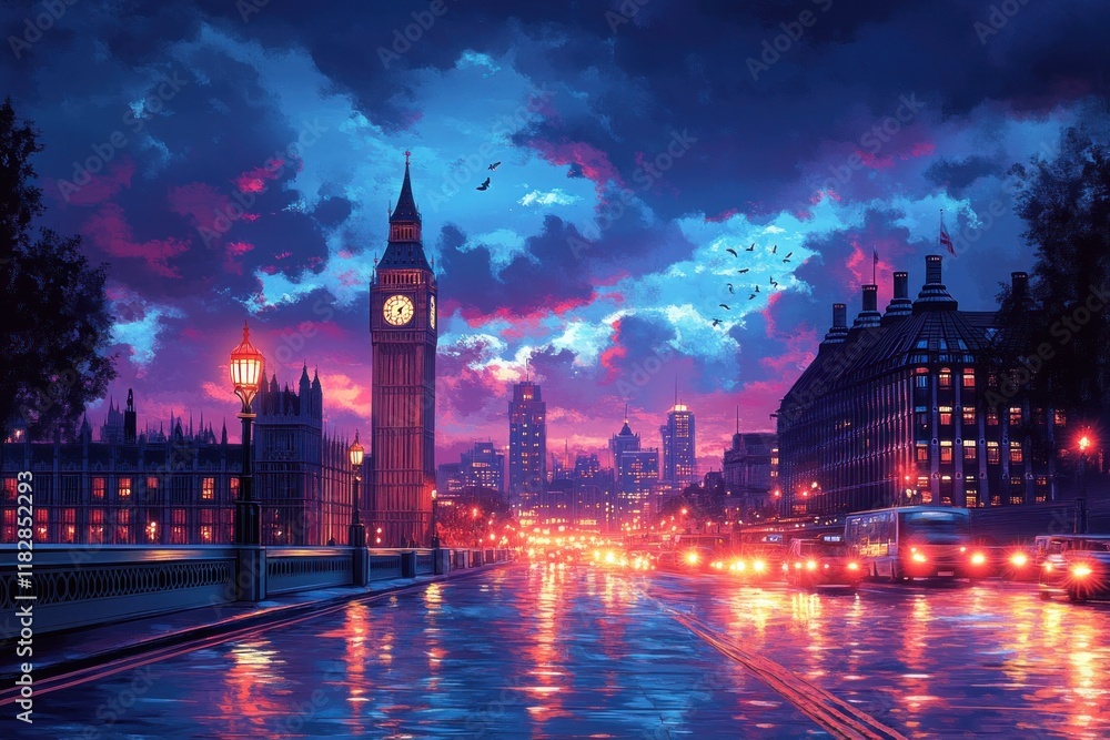 Colorful London Icon Collage in Pop Art Style Featuring Big Ben and Geometric Shapes at Night Colorful London Icon Collage in Pop Art Style Featuring Big Ben and Geometric Shapes at Night