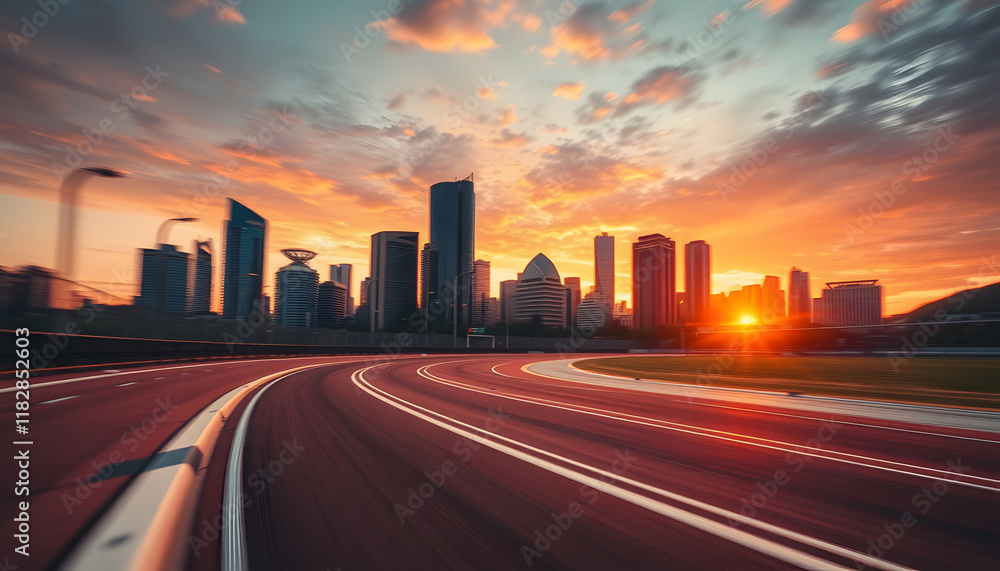 Fototapeta premium Motion blur race track with sunset city skyline. Warm mood. isolated with white highlights