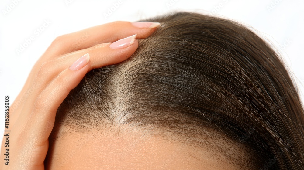Fototapeta premium Closeup of a woman's hand scratching her head, focus on fingers and hair, representing issues like dandruff or irritation, clean white backdrop.