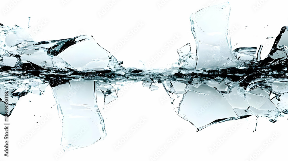 Shattered Glass Pieces Scattered and Broken on a White Background with a Splash Effect Shattered Glass Pieces Scattered and Broken on a White Background with a Splash Effect