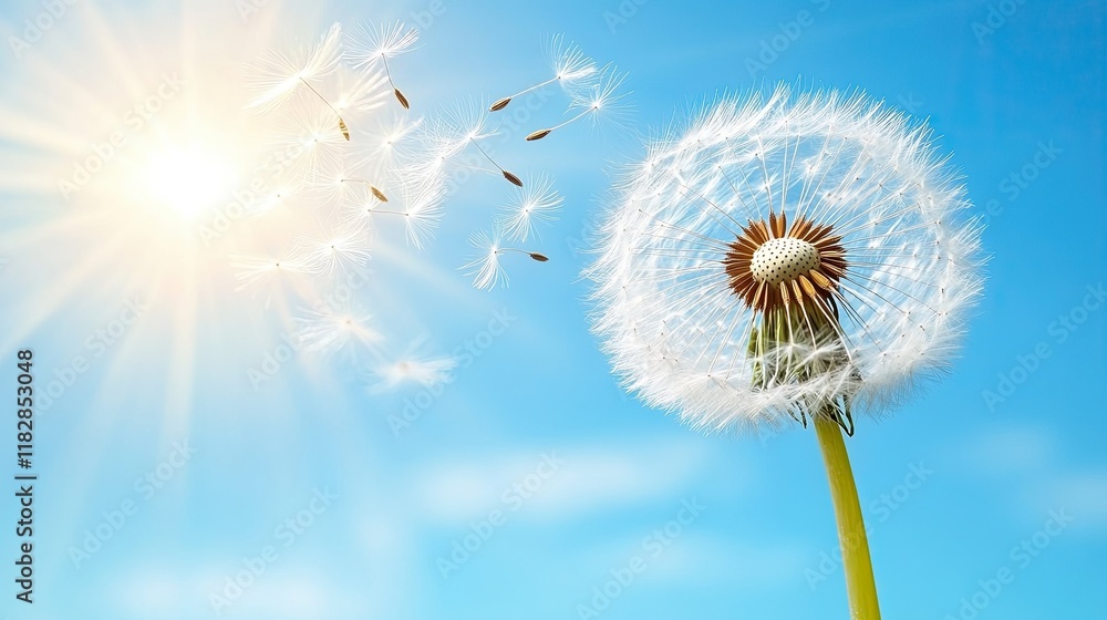 Obraz premium Dandelion seeds drifting in the breeze on a sunny day in springtime, capturing the essence of nature's beauty
