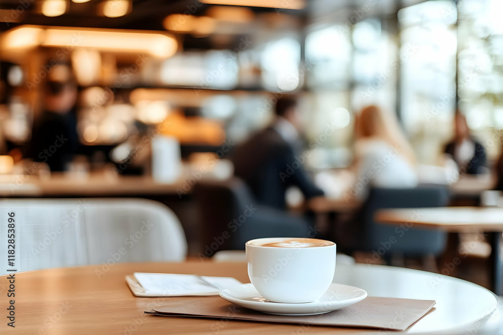 Aromatic Cappuccino Sits Elegantly on Cafe Table Amidst a Blur of Bustling Activity Aromatic Cappuccino Sits Elegantly on Cafe Table Amidst a Blur of Bustling Activity