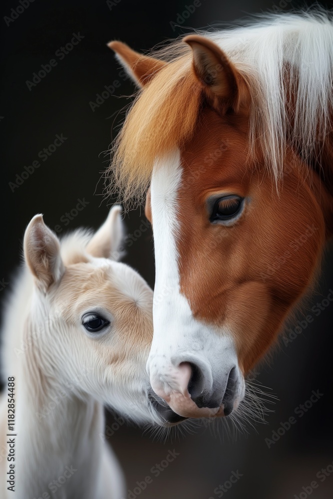 Fototapeta premium Closeup of a tender moment between a horse and its foal, showcasing their bond and gentle affection.