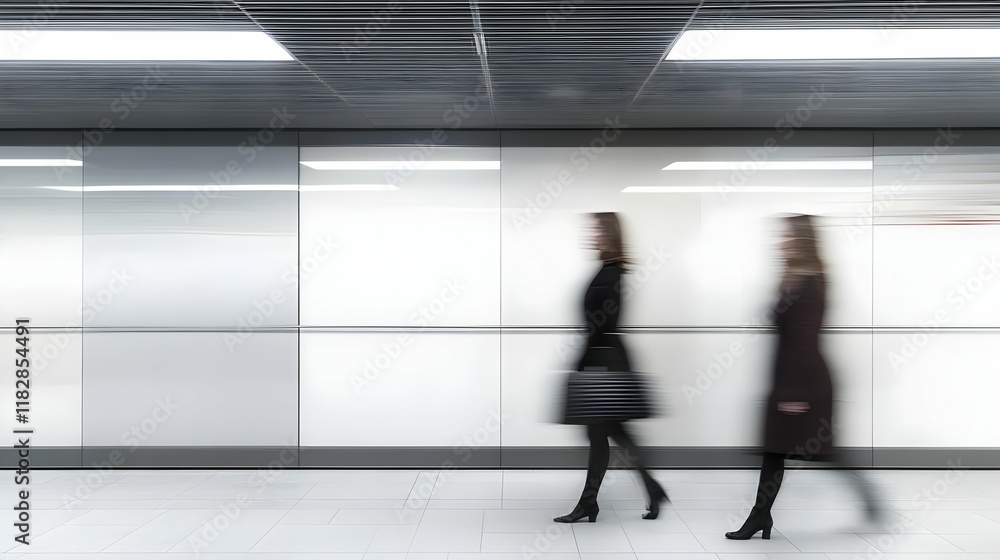 Two Blurred Figures Walk Quickly Through a Modern, White-Walled Hallway with a Gray Floor Two Blurred Figures Walk Quickly Through a Modern, White-Walled Hallway with a Gray Floor