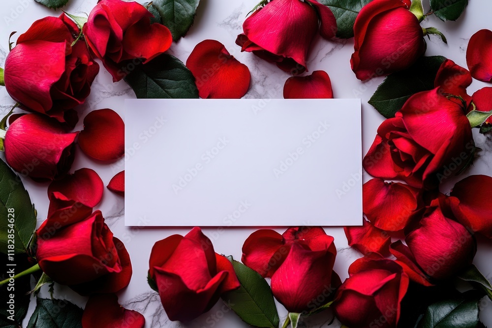 A pristine white card rests amidst a lush arrangement of deep red roses, creating a romantic scene perfect for expressing love on Valentine's Day. A pristine white card rests amidst a lush arrangement of deep red roses, creating a romantic scene perfect for expressing love on Valentine's Day.