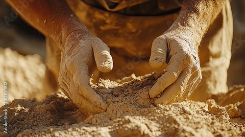 Crafting clay into unique pottery at an outdoor workshop under the warm sun in a rural area photo