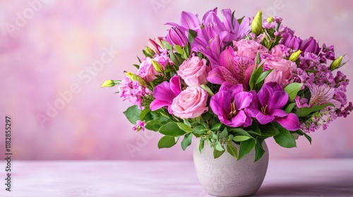 Wallpaper Mural A charming vase filled with vibrant purple flowers sits gracefully atop a table, radiating love and warmth perfect for Valentine's Day celebrations. Torontodigital.ca