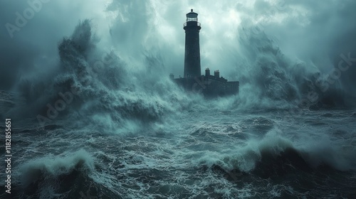 Stormy seas engulf lighthouse. photo