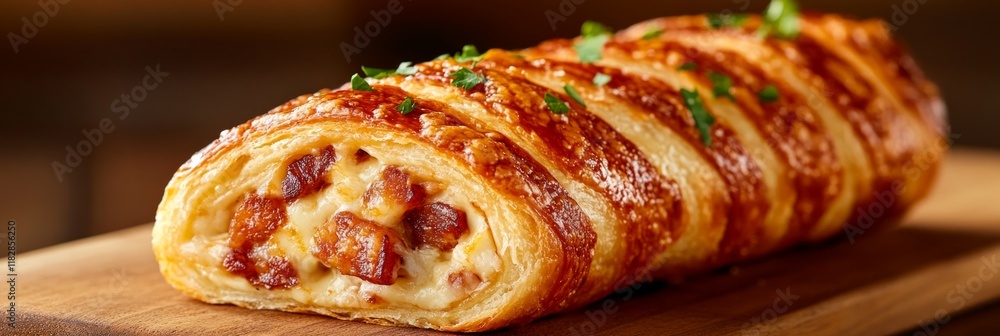 Flaky pastry filled with bacon and cheese, golden brown and topped with herbs on a wooden board. Bunner Flaky pastry filled with bacon and cheese, golden brown and topped with herbs on a wooden board. Bunner