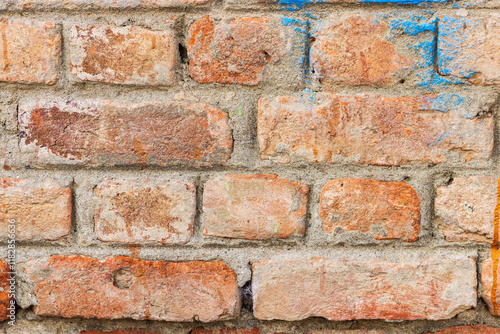 Hazratbal, Srinagar, Jammu and Kashmir, India. Close up photo of a brick wall. photo