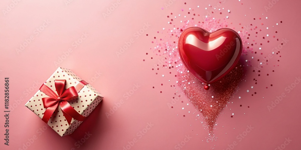 Obraz premium Exploding Red Heart Balloons from Gift Box - Pink Background - Love & Celebration Stock Photo