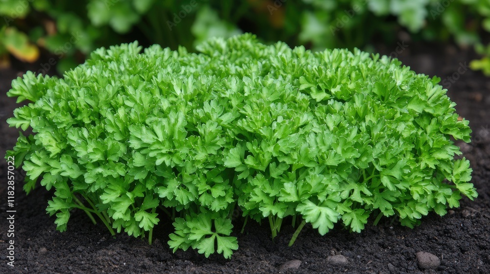 Parsley leaves in crisp focus growing in a garden bed, with soft sunlight casting gentle shadows on the surrounding soil and plants.