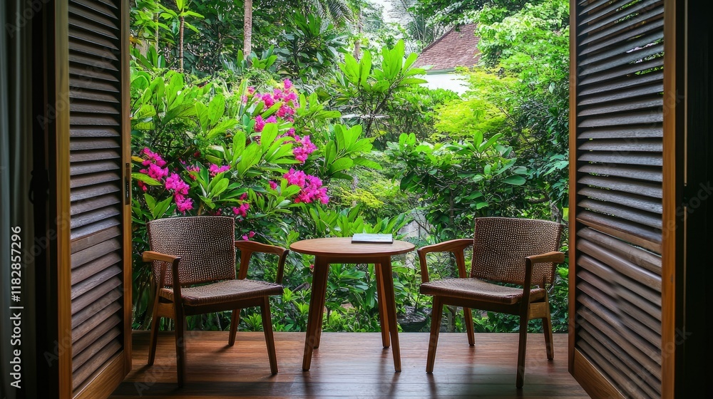 Obraz premium Resort balcony setup featuring two comfortable wooden chairs, a table, and the vibrant greenery of the surrounding garden in full bloom.