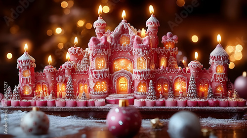 Pink Candlelit Castle glows warmly on a snowy surface with Christmas ornaments beautifully arranged. photo