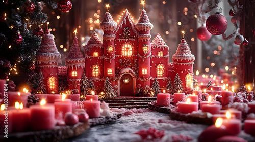 Wallpaper Mural Red Castle Decorated with Snow and Illuminated by Pink Candles Creates a Magical Christmas Scene Torontodigital.ca