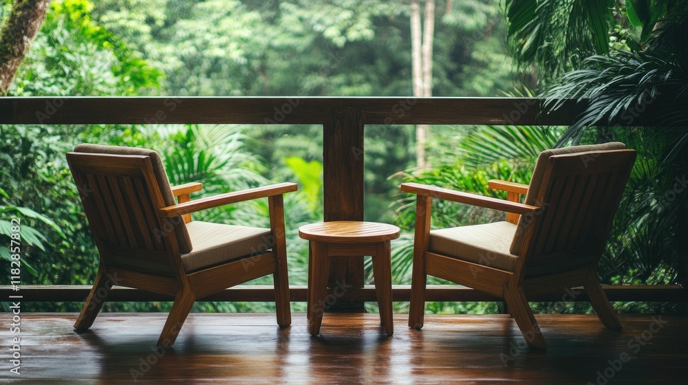 Two stylish wooden chairs with soft cushions and a small wooden table on a resort balcony, overlooking a lush green garden under soft natural light. Two stylish wooden chairs with soft cushions and a small wooden table on a resort balcony, overlooking a lush green garden under soft natural light.
