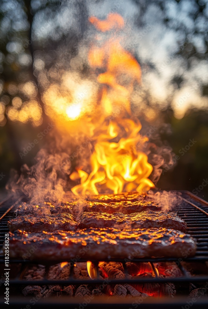 Grilled Meat Sizzling Over Flames at Sunset, Capturing the Intense Heat, Smoke, and Vibrant Colors of a Perfect Barbecue Experience Outdoors Grilled Meat Sizzling Over Flames at Sunset, Capturing the Intense Heat, Smoke, and Vibrant Colors of a Perfect Barbecue Experience Outdoors