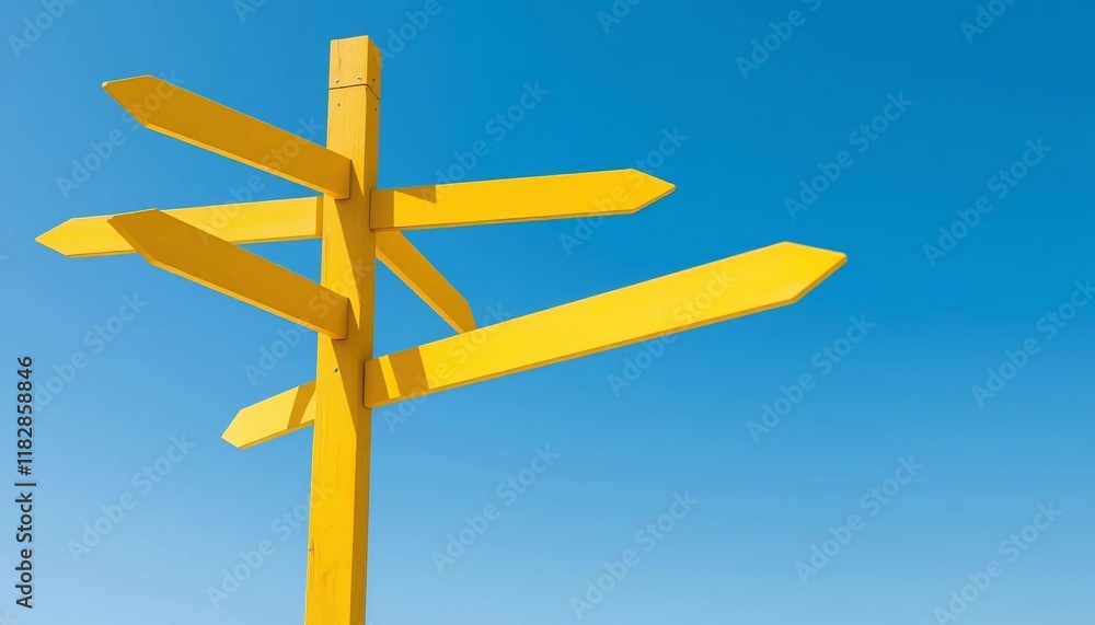 Bright Yellow Signpost Multiple Directions Clear Blue Sky Choice Options Bright Yellow Signpost Multiple Directions Clear Blue Sky Choice Options
