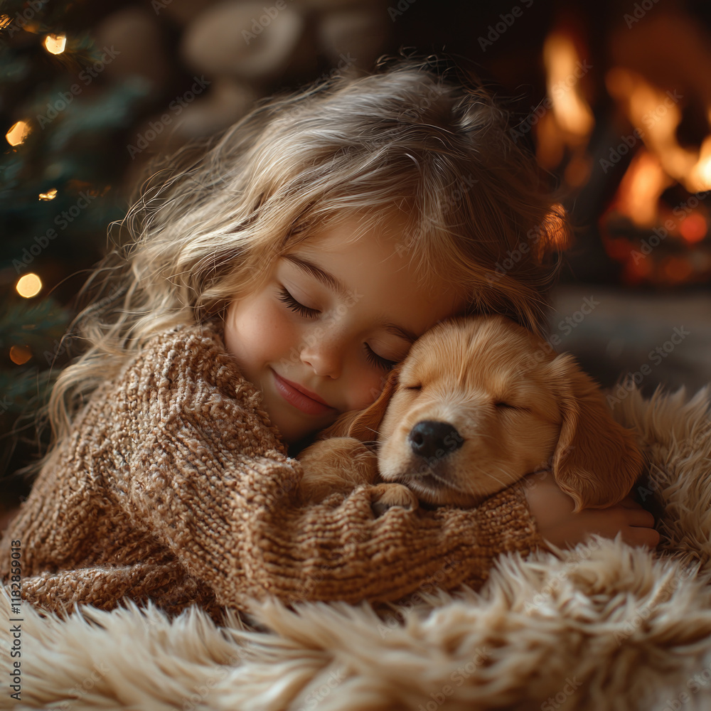 Little girl sleeping sweetly by the fireplace, wrapped in a long-haired blanket, hugging a lemon-colored beagle puppy, against the backdrop of a Christmas tree, a cozy atmosphere of winter holidays Little girl sleeping sweetly by the fireplace, wrapped in a long-haired blanket, hugging a lemon-colored beagle puppy, against the backdrop of a Christmas tree, a cozy atmosphere of winter holidays