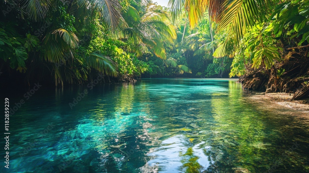 Obraz premium Tropical River Flows Through Lush Green Canopy