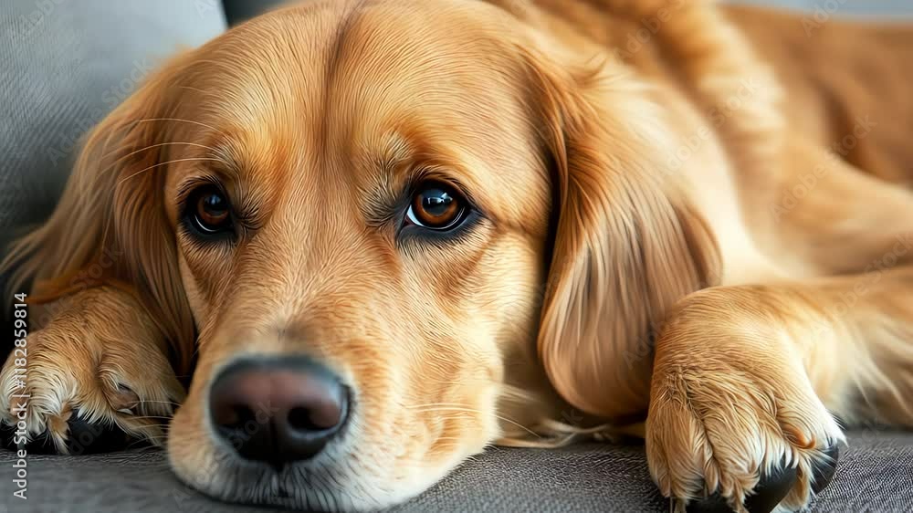 Close up of Adorable Golden Retrievers face resting with its head on its paws looking around on a couch.. Close up of Adorable Golden Retrievers face resting with its head on its paws looking around on a couch..