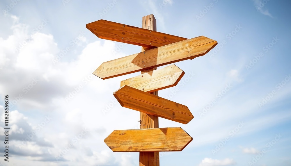 Wooden Signpost with Multiple Arrows Pointing Directions Choices Decision Wayfinding Outdoors Sky Wooden Signpost with Multiple Arrows Pointing Directions Choices Decision Wayfinding Outdoors Sky