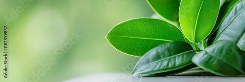 Close-up of vibrant green leaves with visible veins, creating a serene and peaceful natural background.  Bunner with copy space photo