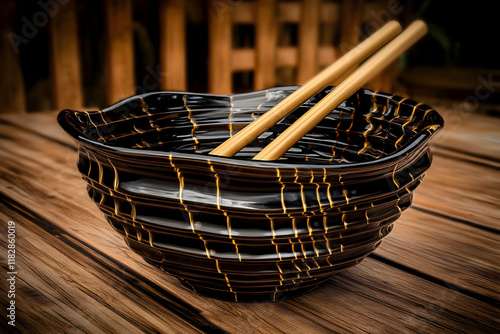 Black and Gold Ceramic Bowl with Chopsticks Rests on Rustic Wood Table photo