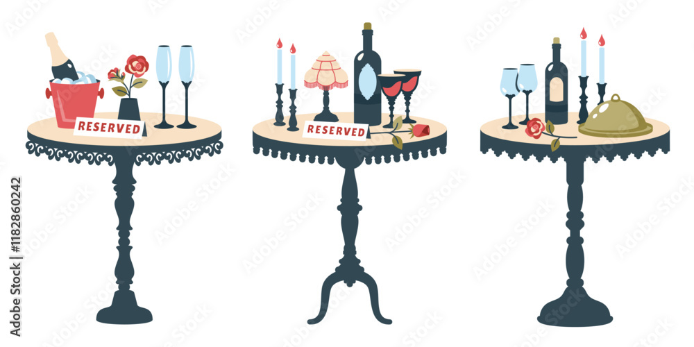 Set of reserved tables for two. Beautiful romantic dinner. Romantic setting. Vintage Valentine table with cutlery, glasses, champagne, gift, candles in candlesticks, flower. Vector flat illustration