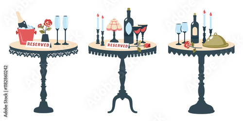 Set of reserved tables for two. Beautiful romantic dinner. Romantic setting. Vintage Valentine table with cutlery, glasses, champagne, gift, candles in candlesticks, flower. Vector flat illustration