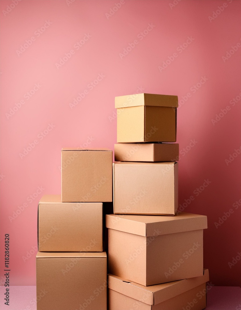 Obraz premium Lot of square carton boxes on pink background, copy space. Generated image