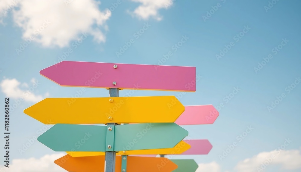 Colorful Directional Signs Multiple Arrows Choice Decision Options Path Summer Sky Blank Guidance Colorful Directional Signs Multiple Arrows Choice Decision Options Path Summer Sky Blank Guidance