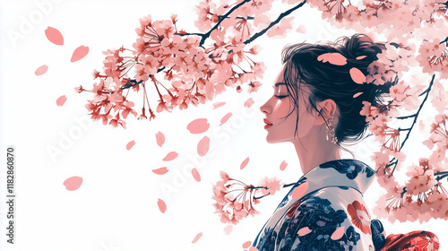 春の桜が咲く美しい絶景に着物女性の写真画像