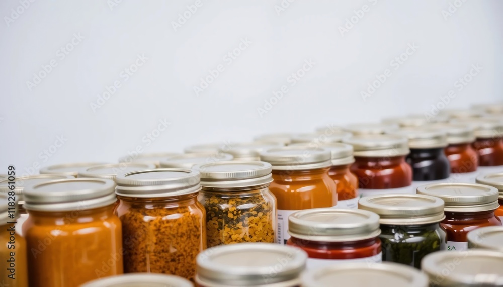 Rows of Glass Jars Filled with Various Homemade Preserves and Condiments Rows of Glass Jars Filled with Various Homemade Preserves and Condiments