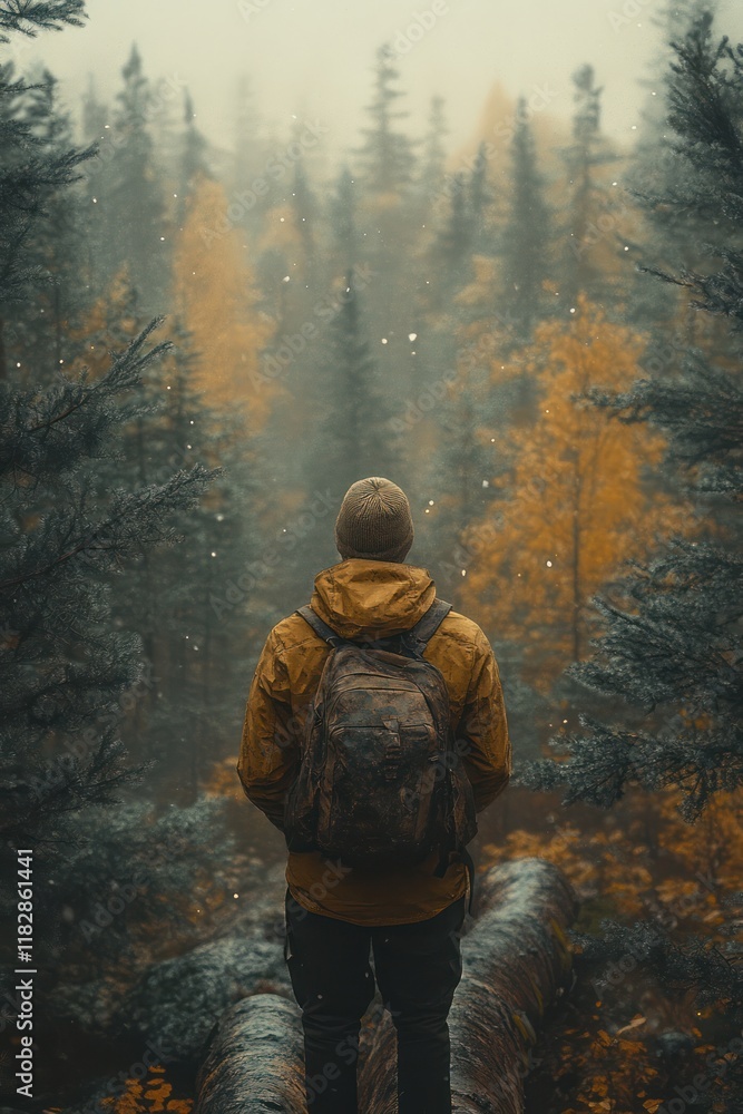 Young Asian Man Hiking in Serene Forest Standing on Fallen Log Young Asian Man Hiking in Serene Forest Standing on Fallen Log