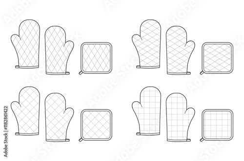 Oven Gloves Mitt and potholder with diagonal windowpane quilted stitching Fashion hand accessory clothing technical illustration garment. Vector flat template CAD mockup sketch on white background