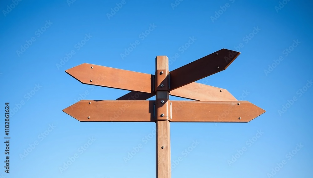 Four Way Wooden Directional Signpost Against a Clear Blue Sky Multiple Choices Decision Making Four Way Wooden Directional Signpost Against a Clear Blue Sky Multiple Choices Decision Making