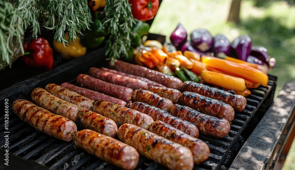 Grilled Sausages and Colorful Vegetables on Barbecue Grill Surrounded by Fresh Herbs in a Sunny Outdoor Setting for Summer Cookout Scene Grilled Sausages and Colorful Vegetables on Barbecue Grill Surrounded by Fresh Herbs in a Sunny Outdoor Setting for Summer Cookout Scene