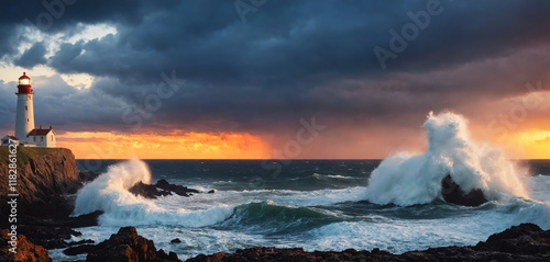 A lighthouse in the sea during a storm. A dark lighthouse on the water. Rough sea